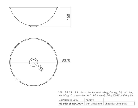 Chậu lavabo đặt bàn Kanly bằng đồng RSC202V