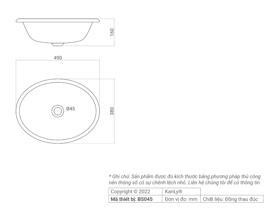 Chậu lavabo đặt bàn Kanly bằng đồng BS045