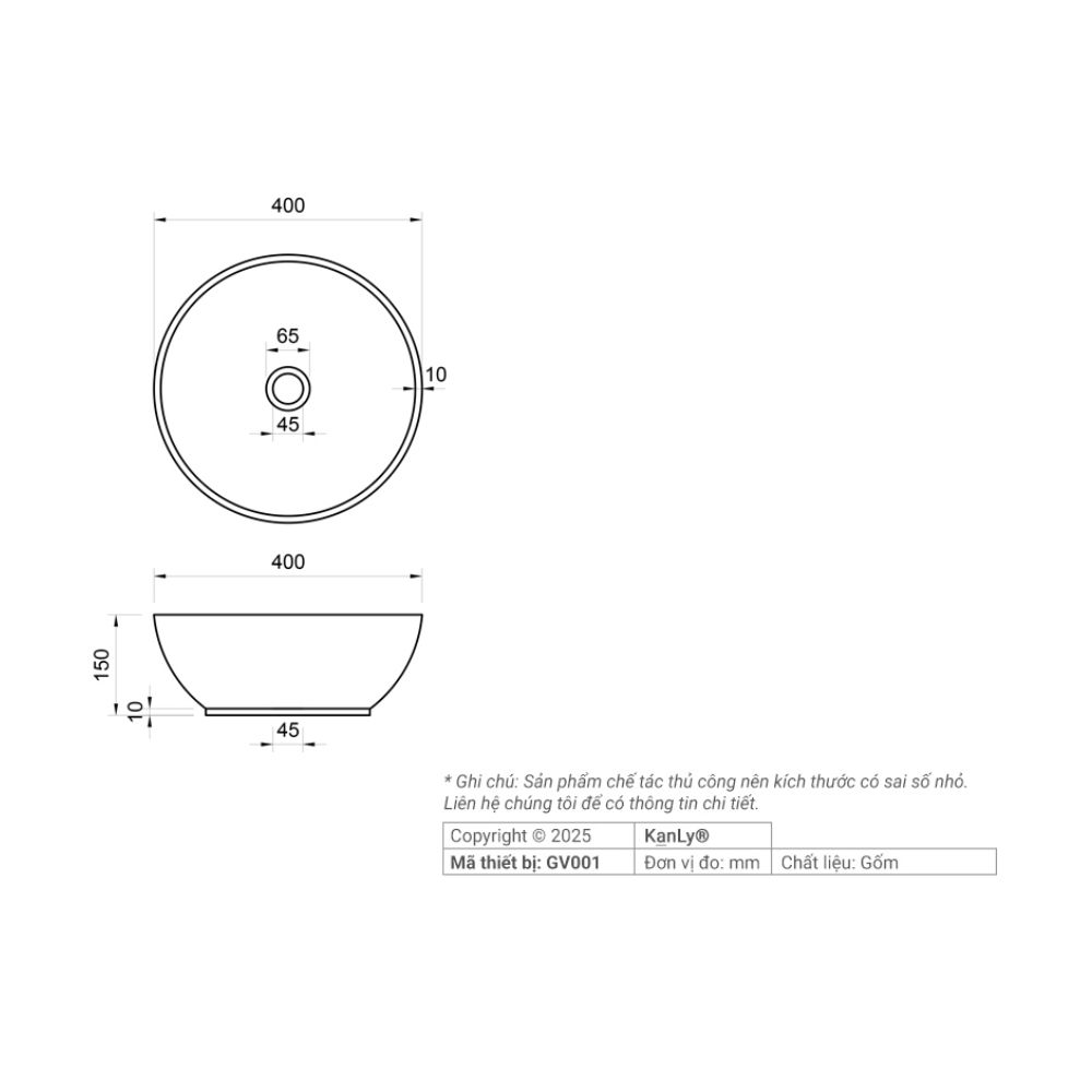 Chậu lavabo đặt bàn Kanly gốm mỹ thuật GV001