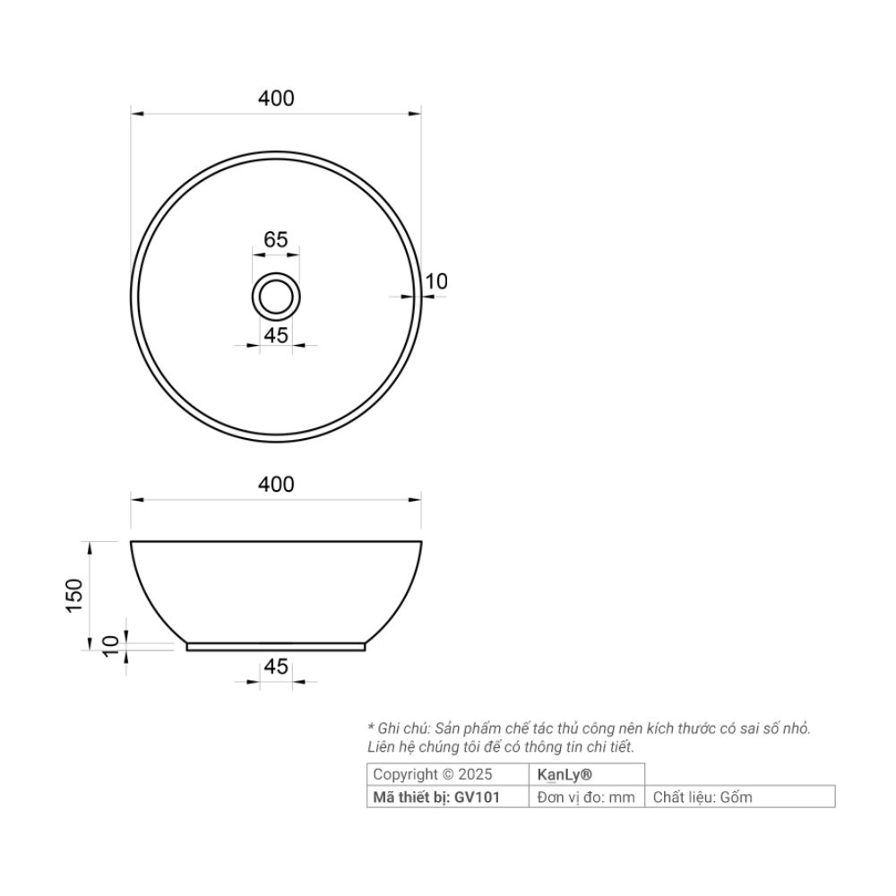 Chậu lavabo đặt bàn Kanly gốm mỹ thuật GV101