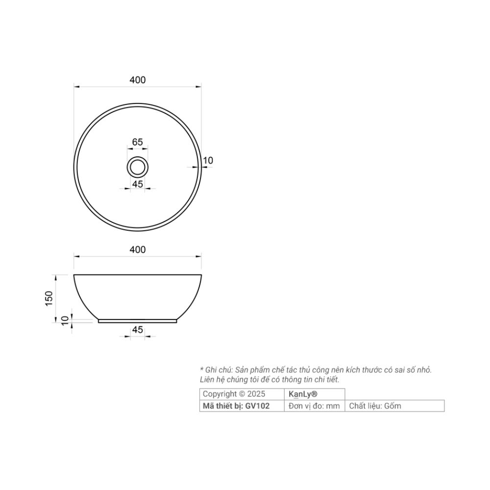 Chậu lavabo đặt bàn Kanly gốm mỹ thuật GV102