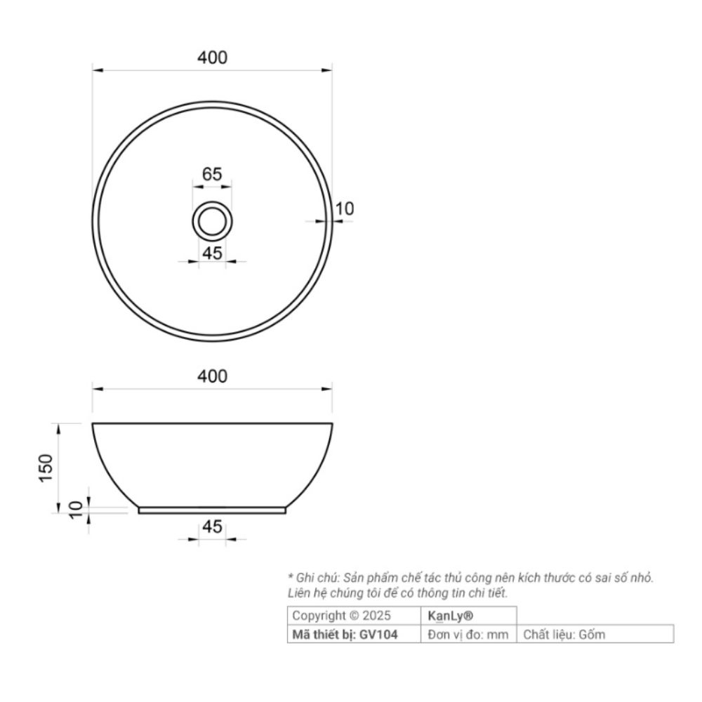 Chậu lavabo đặt bàn Kanly gốm mỹ thuật GV104