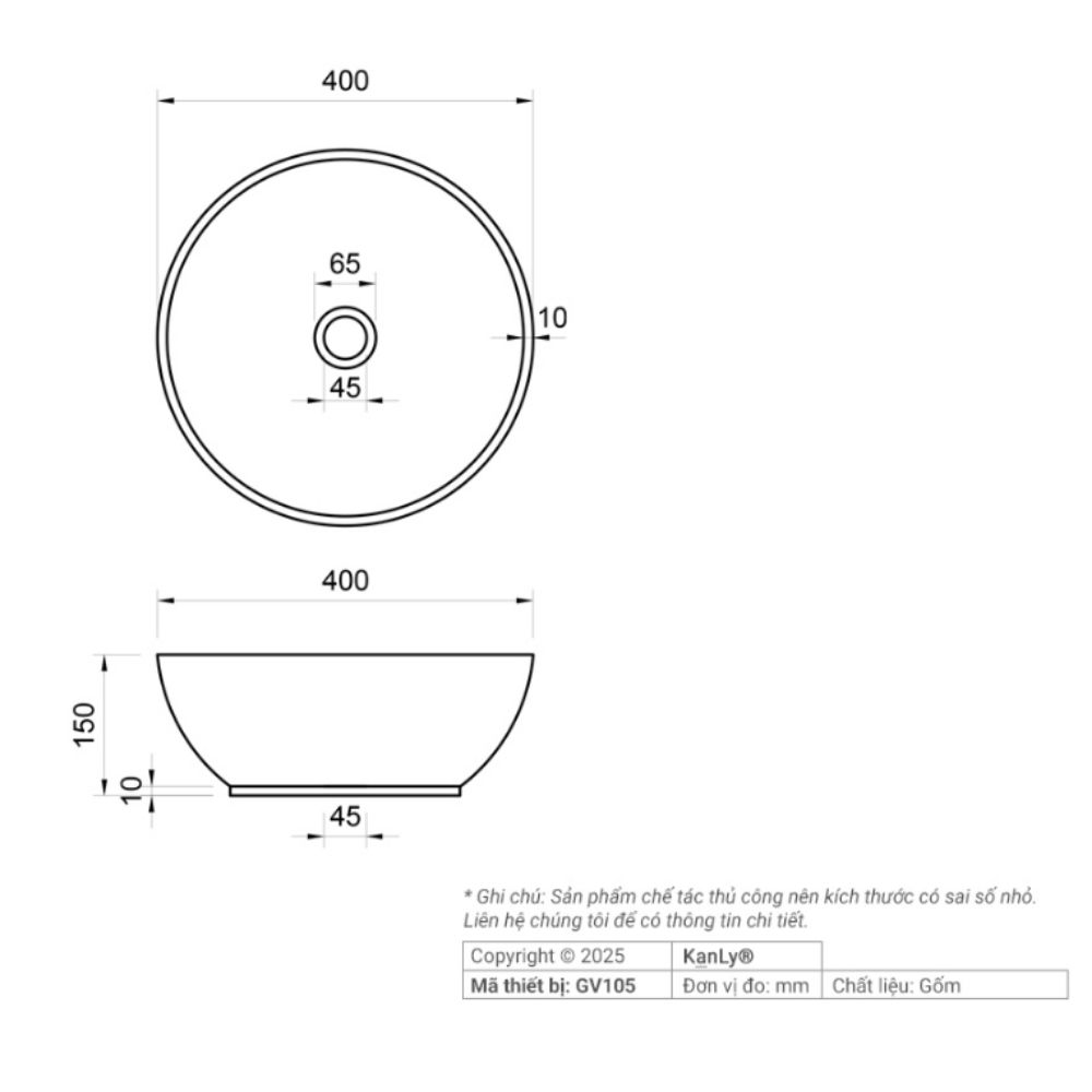 Chậu lavabo đặt bàn Kanly gốm mỹ thuật GV105