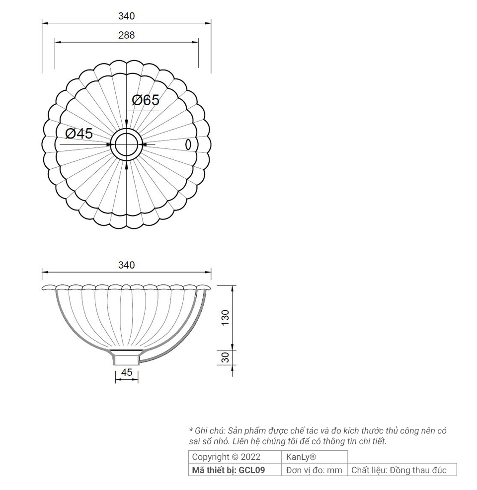 Chậu rửa lavabo Kanly bằng đồng đúc GCL09