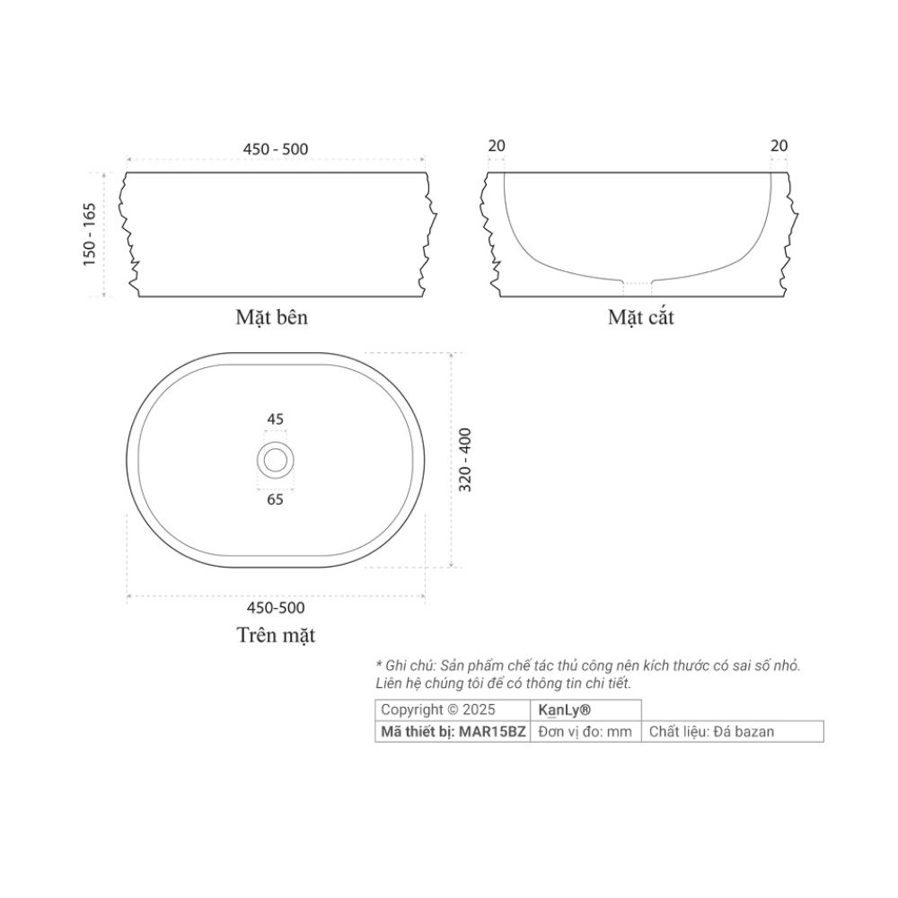 Chậu lavabo đặt bàn Kanly đá bazan tự nhiên MAR15BZ