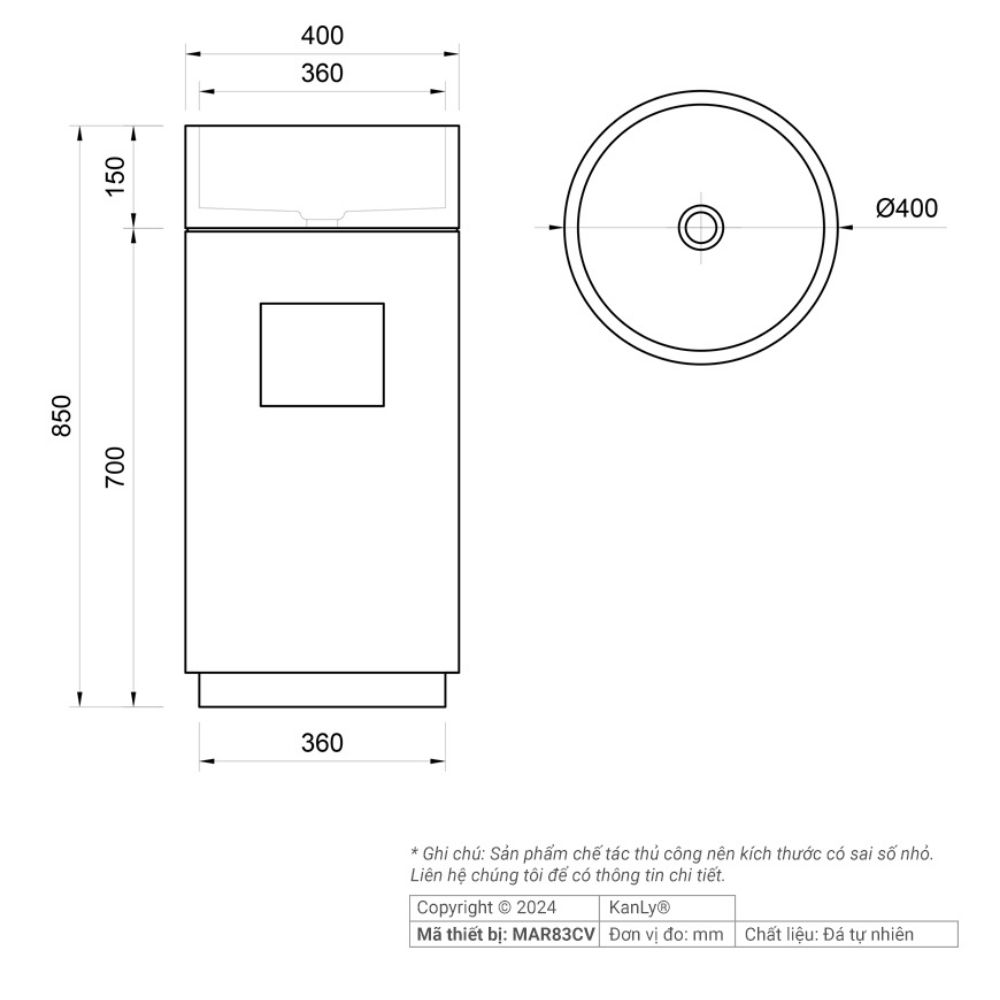 Chậu lavabo trụ đứng Kanly đá marble MAR83CV