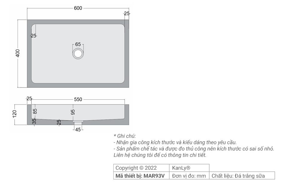 Chậu lavabo đặt bàn Kanly đá tự nhiên hình chữ nhật MAR93V
