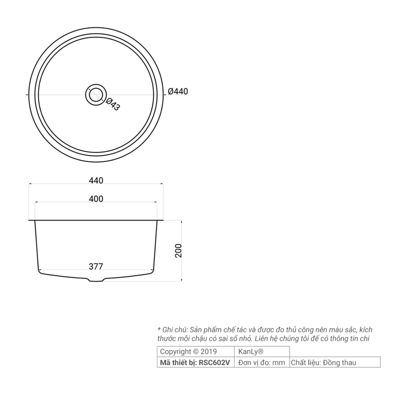 Chậu lavabo đặt bàn Kanly bằng đồng RSC602V