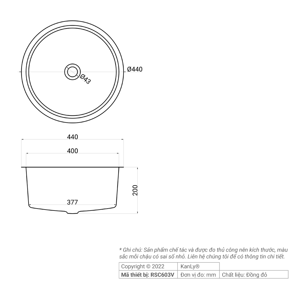Chậu lavabo đặt bàn Kanly bằng đồng RSC603V