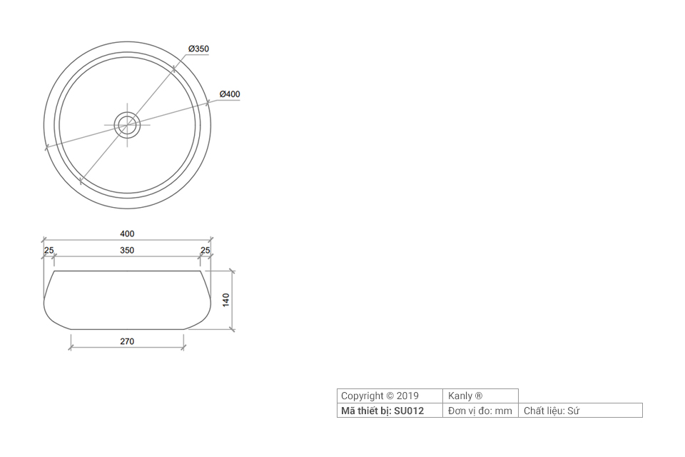 Chậu lavabo đặt bàn Kanly bằng sứ SU012