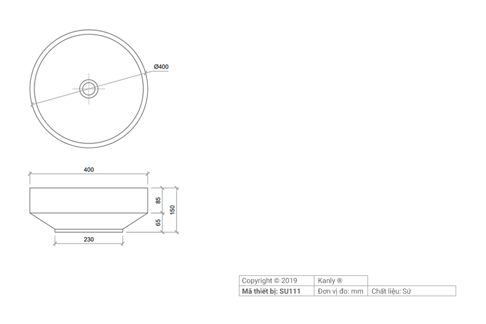 Chậu lavabo đặt bàn Kanly bằng sứ SU111