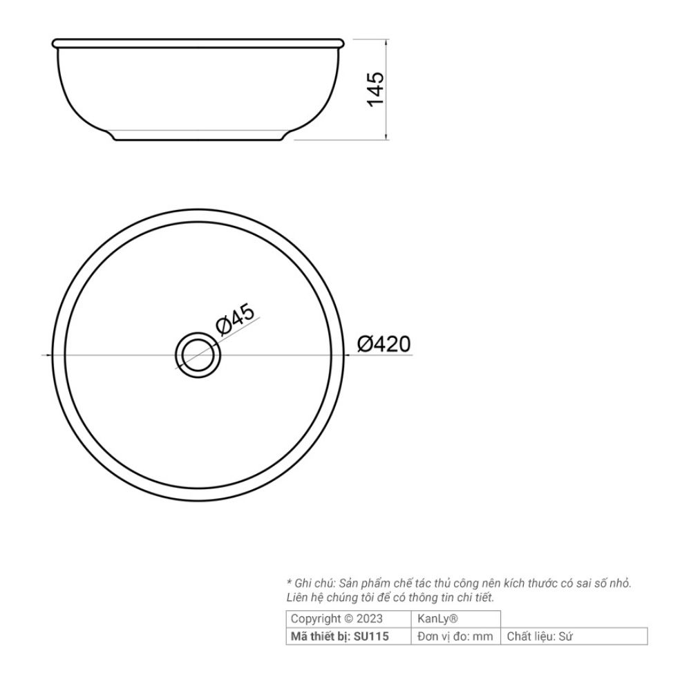 Chậu lavabo đặt bàn Kanly bằng gốm sứ mỹ thuật SU115