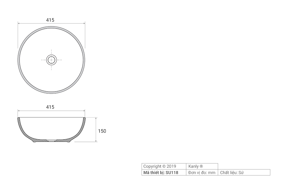 Chậu lavabo đặt bàn Kanly bằng sứ SU118