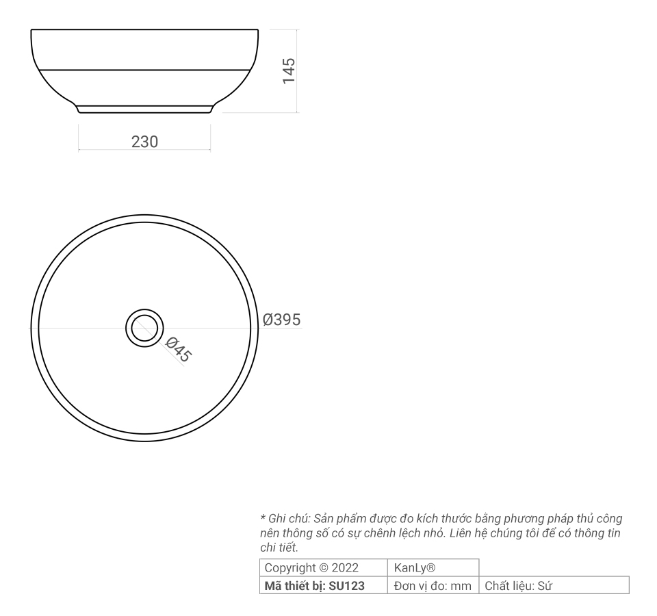 Chậu lavabo đặt bàn Kanly bằng sứ SU123