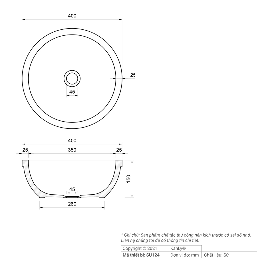 Chậu lavabo đặt bàn Kanly bằng sứ SU124