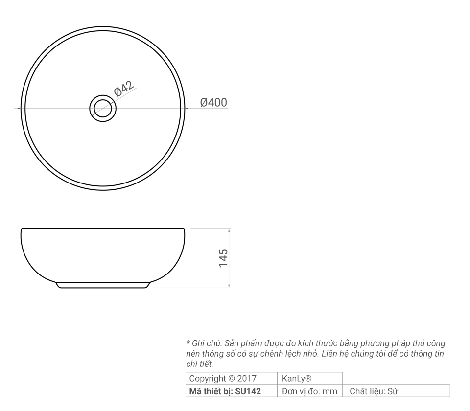 Chậu lavabo đặt bàn Kanly bằng sứ SU142