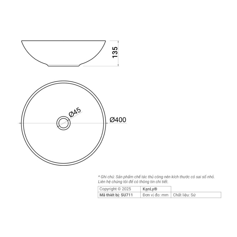 Chậu lavabo đặt bàn Kanly bằng gốm sứ SU711