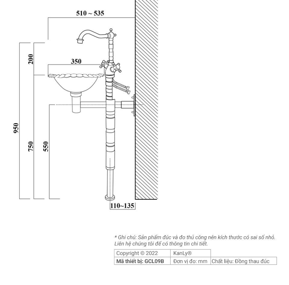 Bộ chậu lavabo Kanly treo tường bằng đồng GCL09B