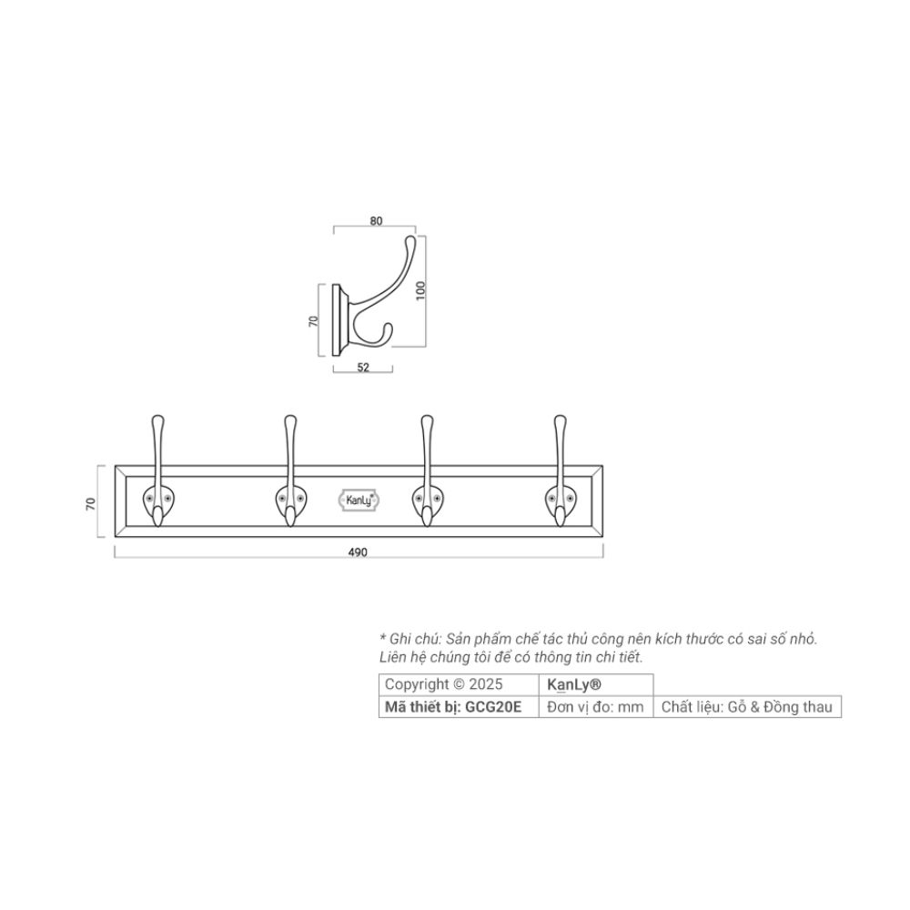 Móc treo áo gỗ và đồng thau Kanly GCG20E-GOTC