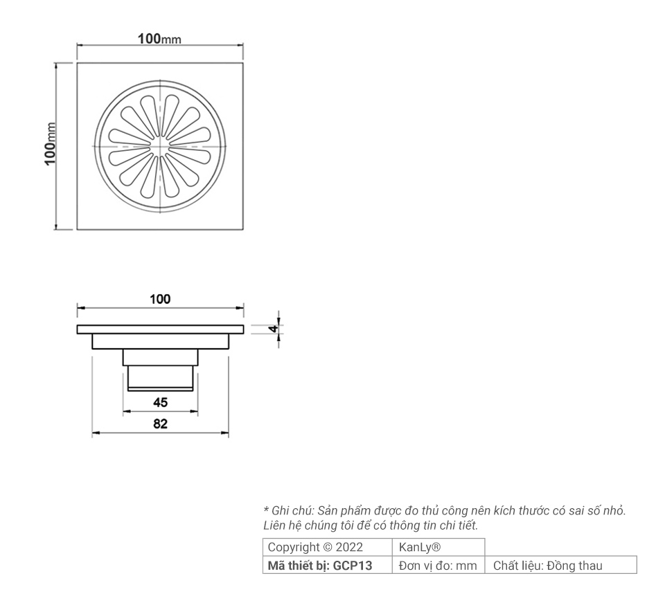 Phễu thu sàn bằng đồng Kanly GCP13