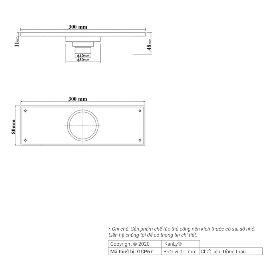 Phễu thu sàn bằng đồng Kanly GCP67