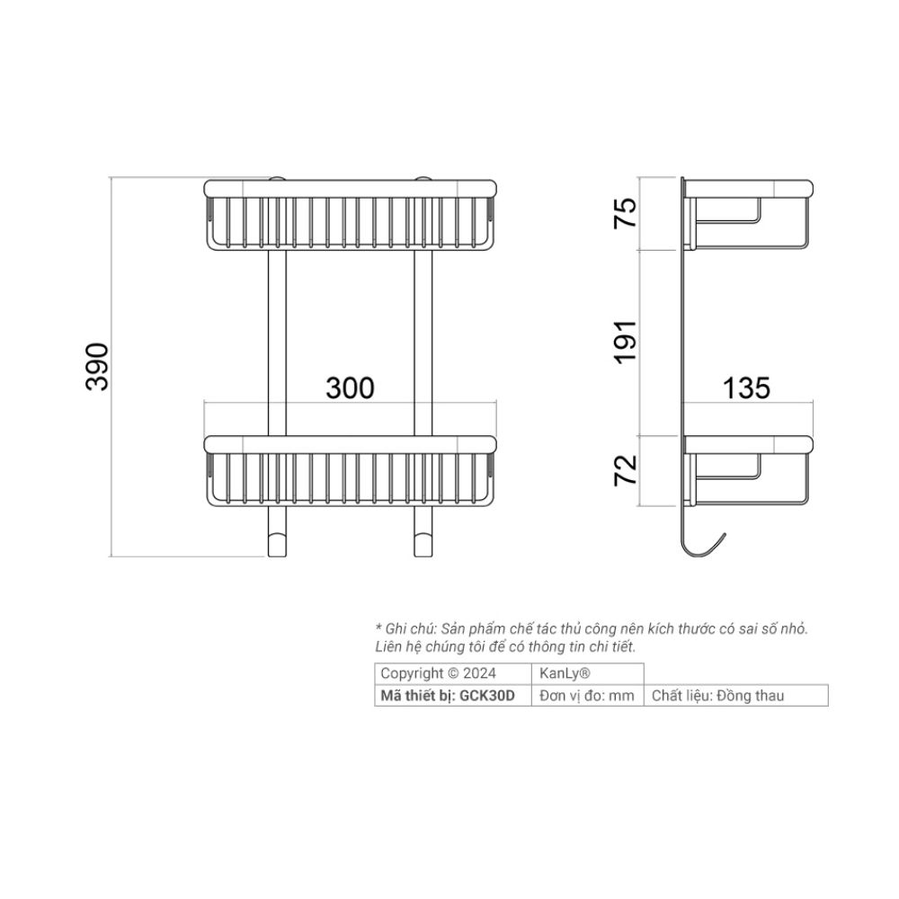 Kệ 2 tầng đựng đồ nhà tắm bằng đồng Kanly GCK30D