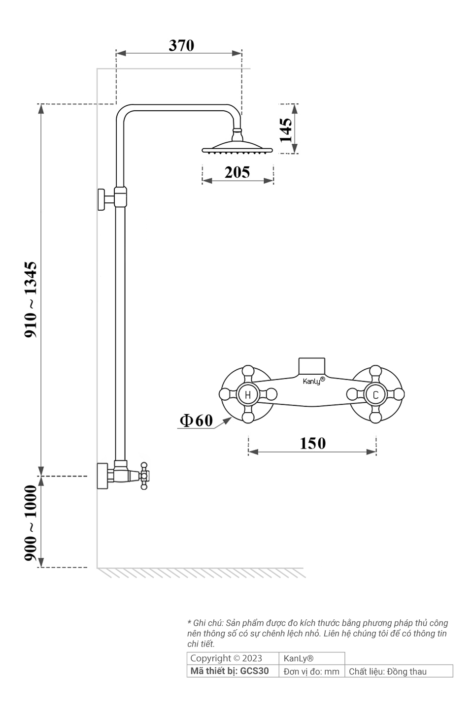 Sen cây tắm đứng nóng lạnh bằng đồng Kanly GCS30