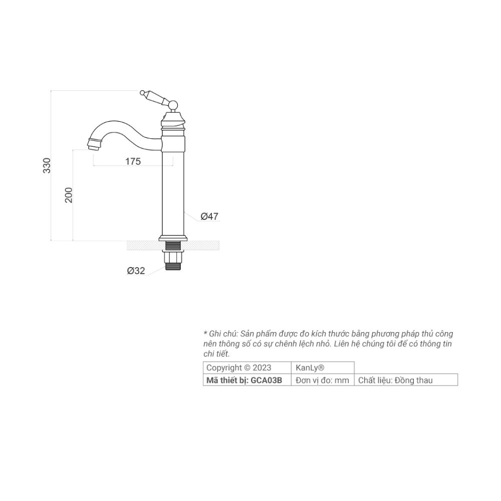 Vòi lavabo thân cao bằng đồng Kanly GCA03B