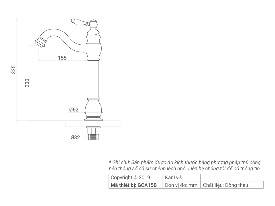 Vòi rửa lavabo thân cao bằng đồng Kanly GCA15B