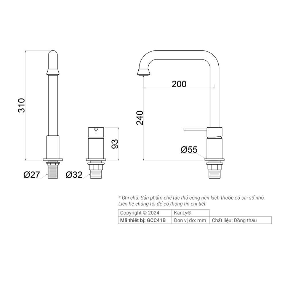 Vòi chậu âm bàn nóng lạnh bằng đồng Kanly GCC41B