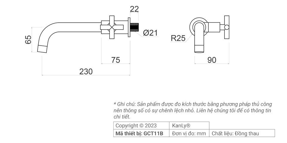 Vòi chậu lạnh treo tường bằng đồng Kanly GCT11B
