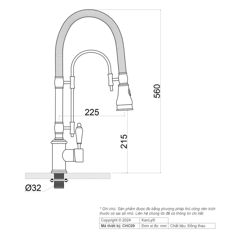 Vòi rửa bát dây rút nóng lạnh bằng đồng Kanly CHC09