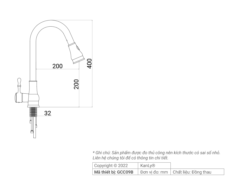Bản vẽ kỹ thuật vòi rửa bát nóng lạnh bằng đồng Kanly GCC09B