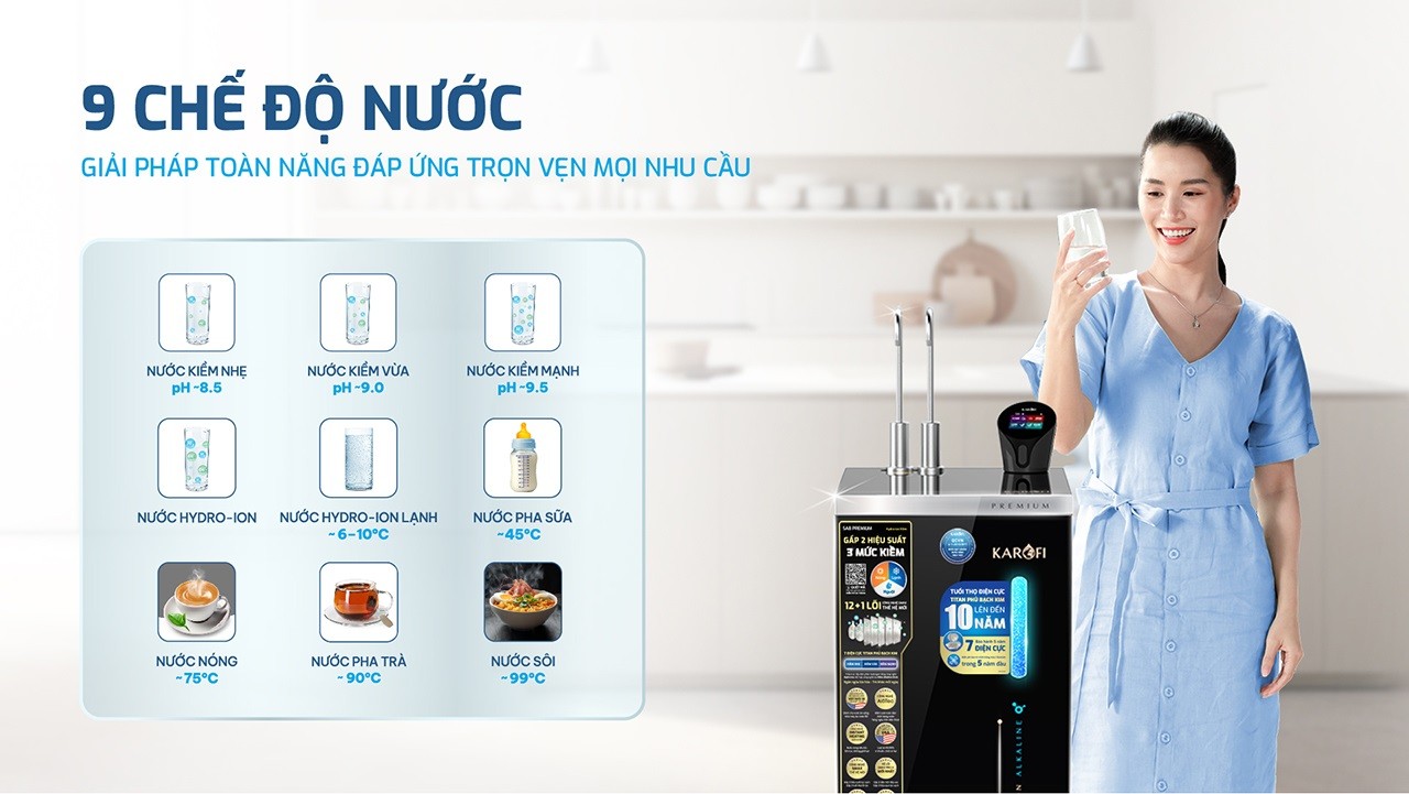 Máy lọc nước nóng lạnh Hydro-ion kiềm Karofi SA8 PREMIUM