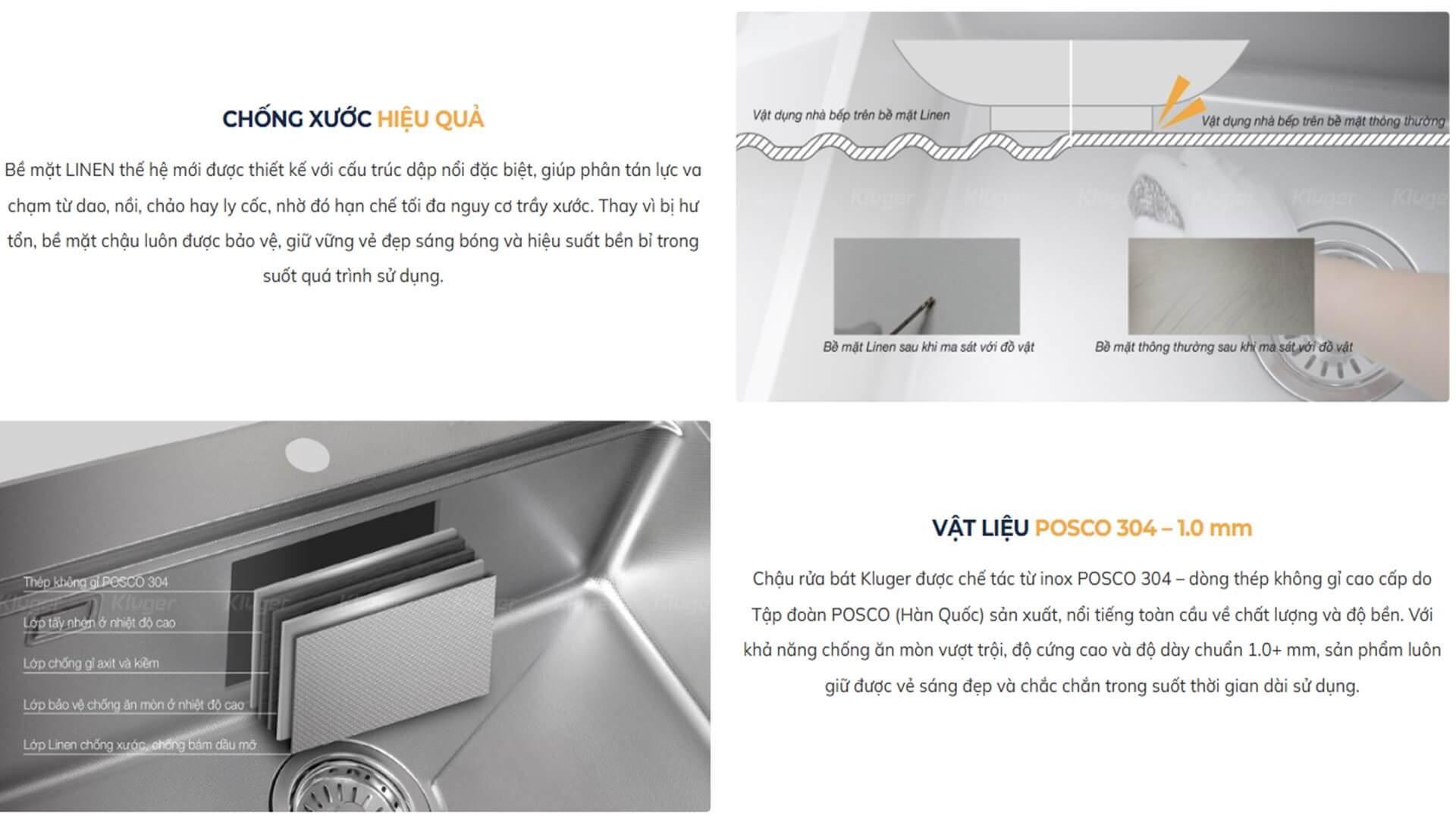 Chậu rửa chén Posco 304 Linen dập nổi KLUGER KG7644FSBasic (K600 Series)
