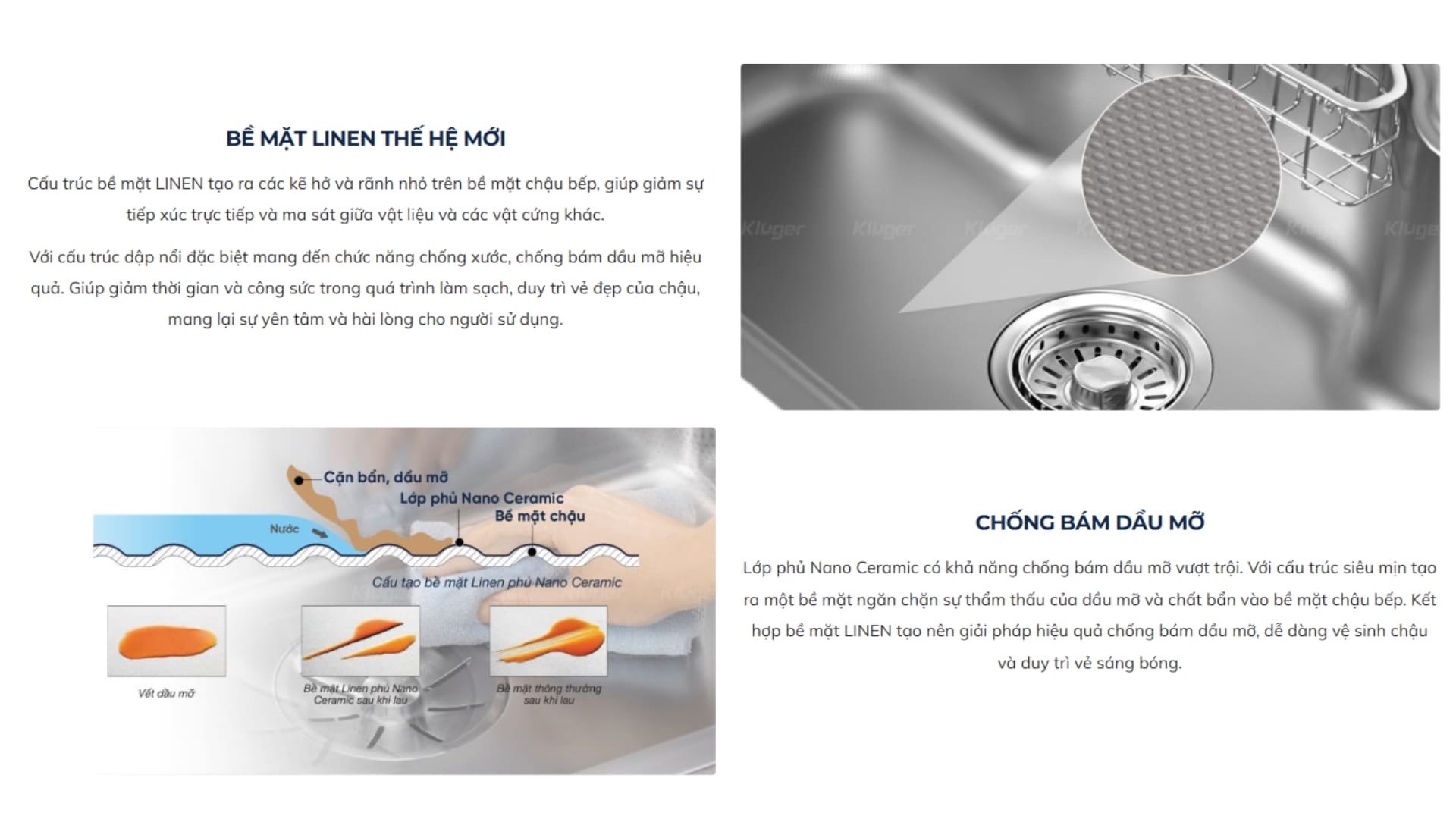 Đặc điểm nổi bật của chậu rửa chén Posco 304 Linen dập nổi KLUGER KW8151FB-S80Plus