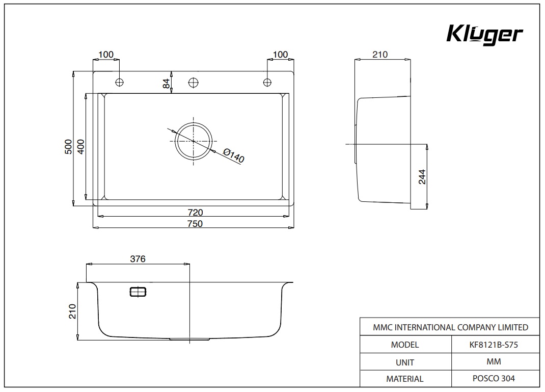 Chậu rửa chén Posco 304 đánh bóng bề mặt KLUGER KF8121B-S75 (K200 Series)