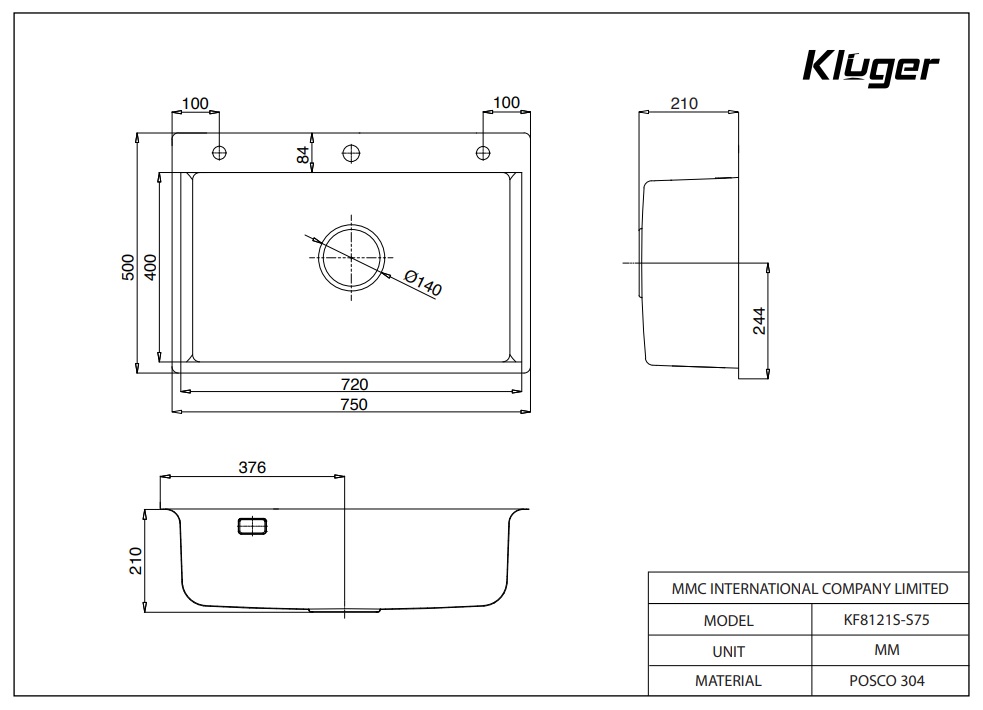 Chậu rửa chén Posco 304 đánh bóng bề mặt KLUGER KF8121S-S75 (K200 Series)