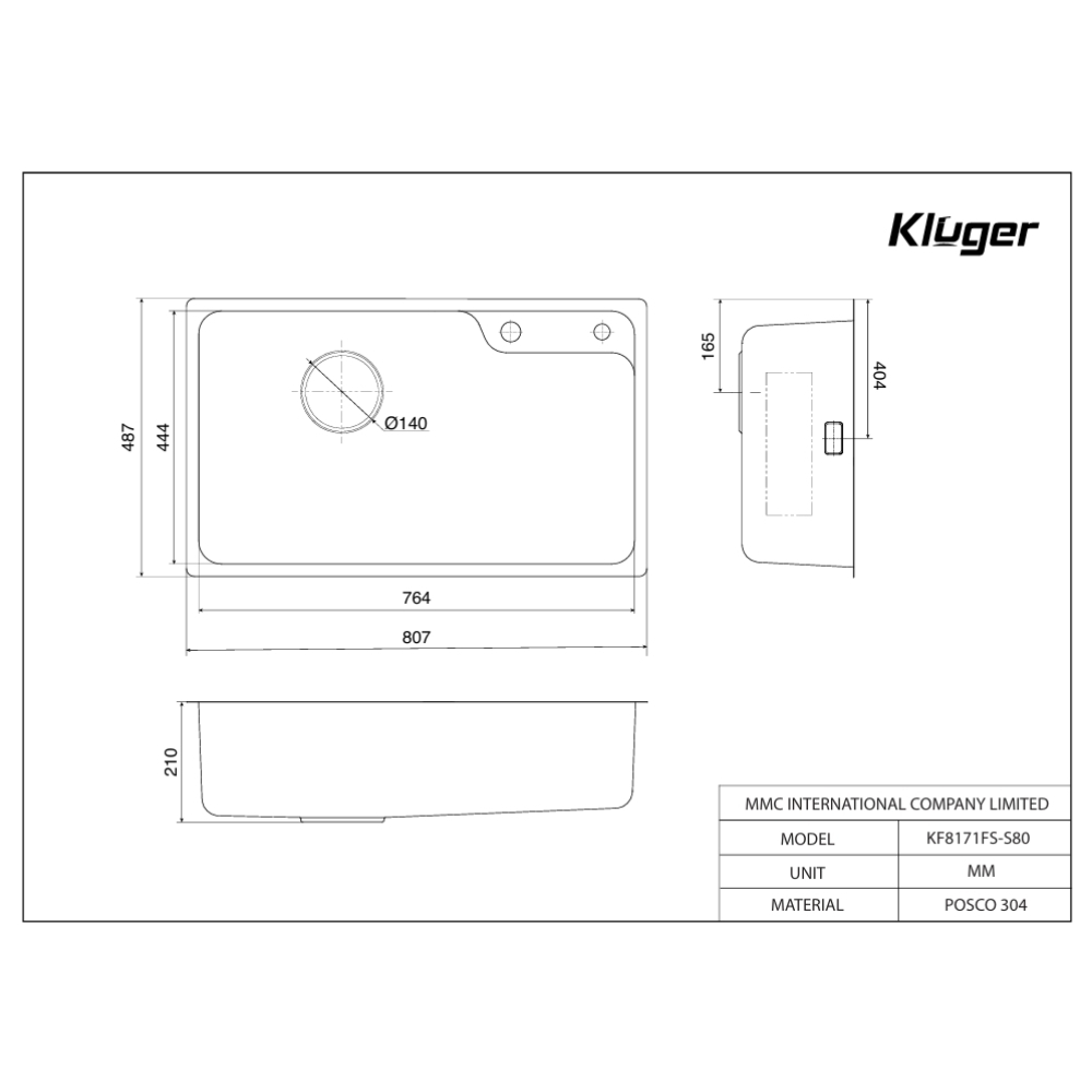 Bản vẽ kỹ thuật chậu rửa chén Posco 304 Linen dập nổi Kluger KF8171FS-S80