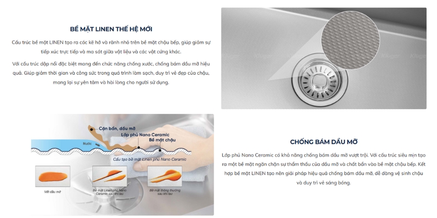 Đặc điểm nổi bật chậu rửa chén Posco 304 Linen dập nổi Kluger KF8171FS-S80