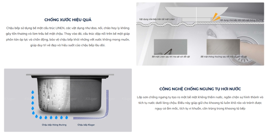 Đặc điểm nổi bật chậu rửa chén Posco 304 Linen dập nổi Kluger KF8171FS-S80