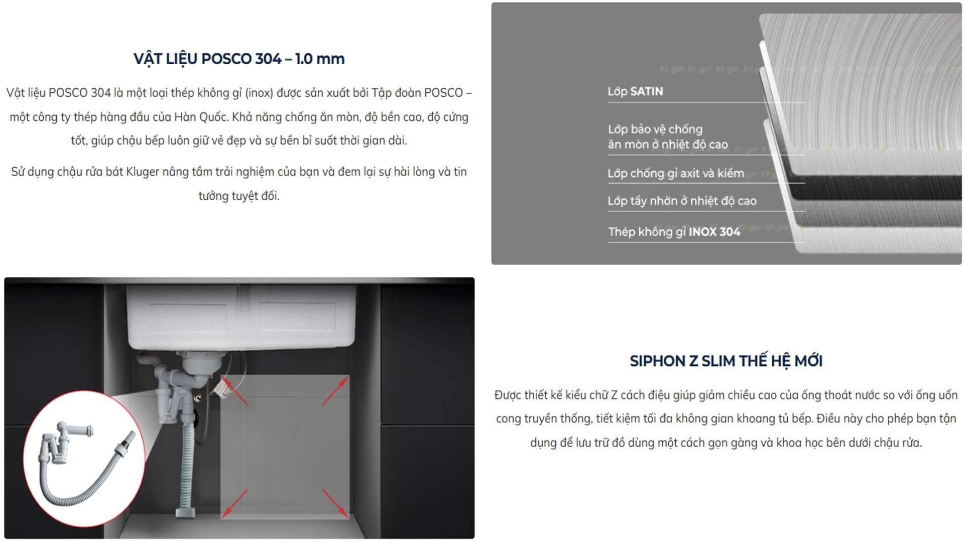 Chậu rửa chén Posco 304 Satin trơn Kluger KH8050ST Plus