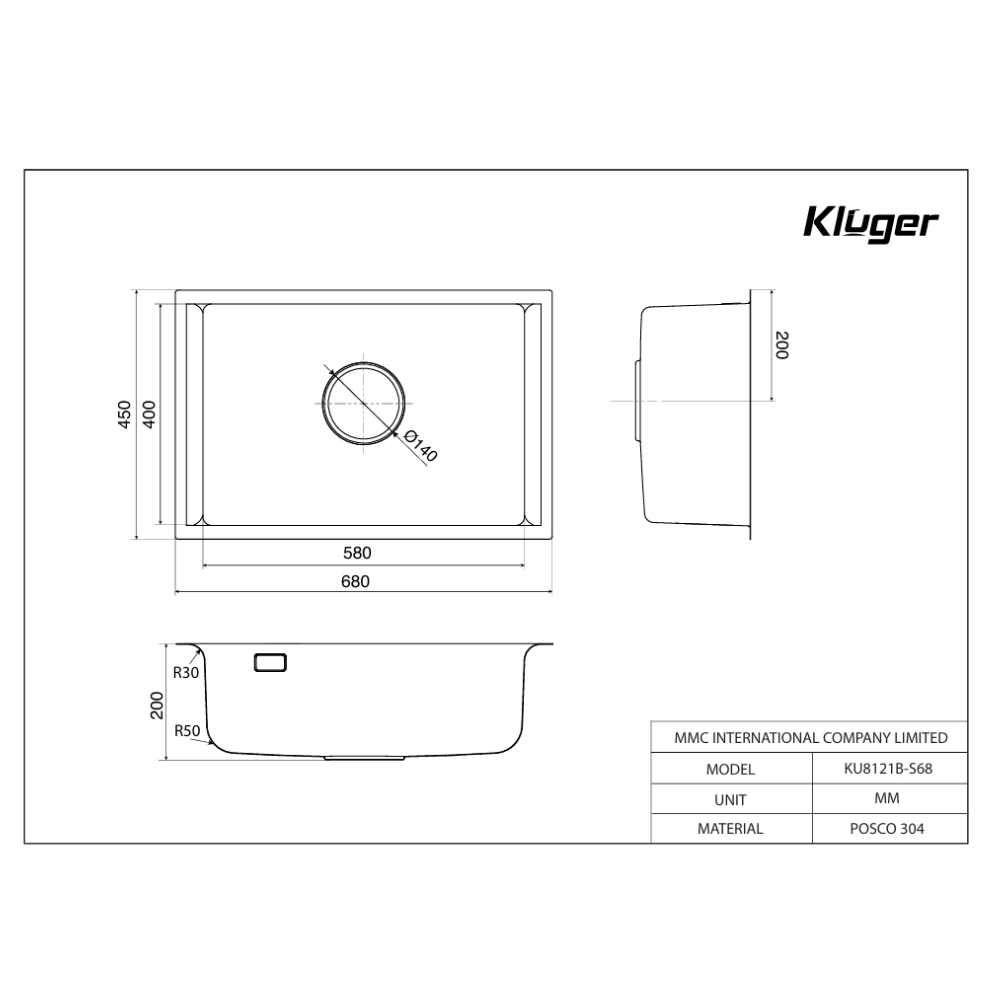Chậu rửa chén Posco 304 đánh bóng bề mặt Kluger KU8121B - S68