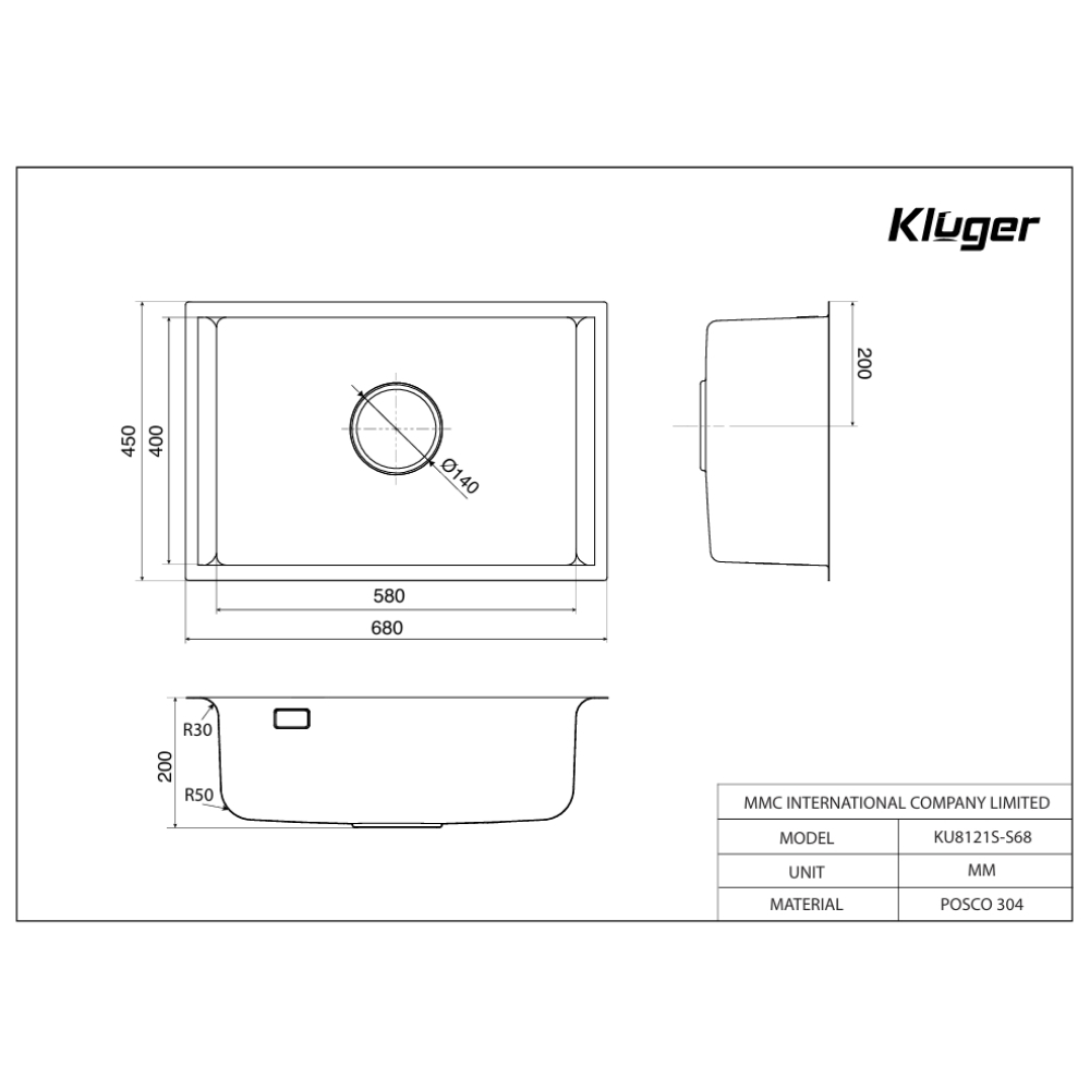 Chậu rửa chén Posco 304 đánh bóng bề mặt KLUGER KU8121S-S68 (K200 Series)