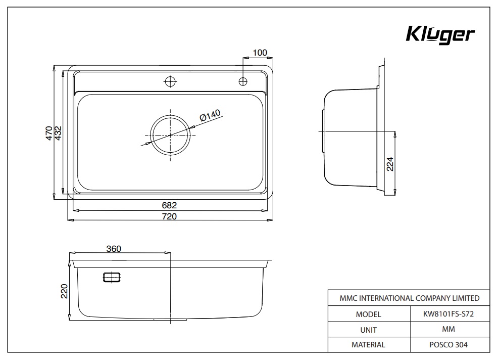 Bản vẽ kỹ thuật chậu rửa chén Posco 304 Linen chống xước KLUGER KW8101FS - S72