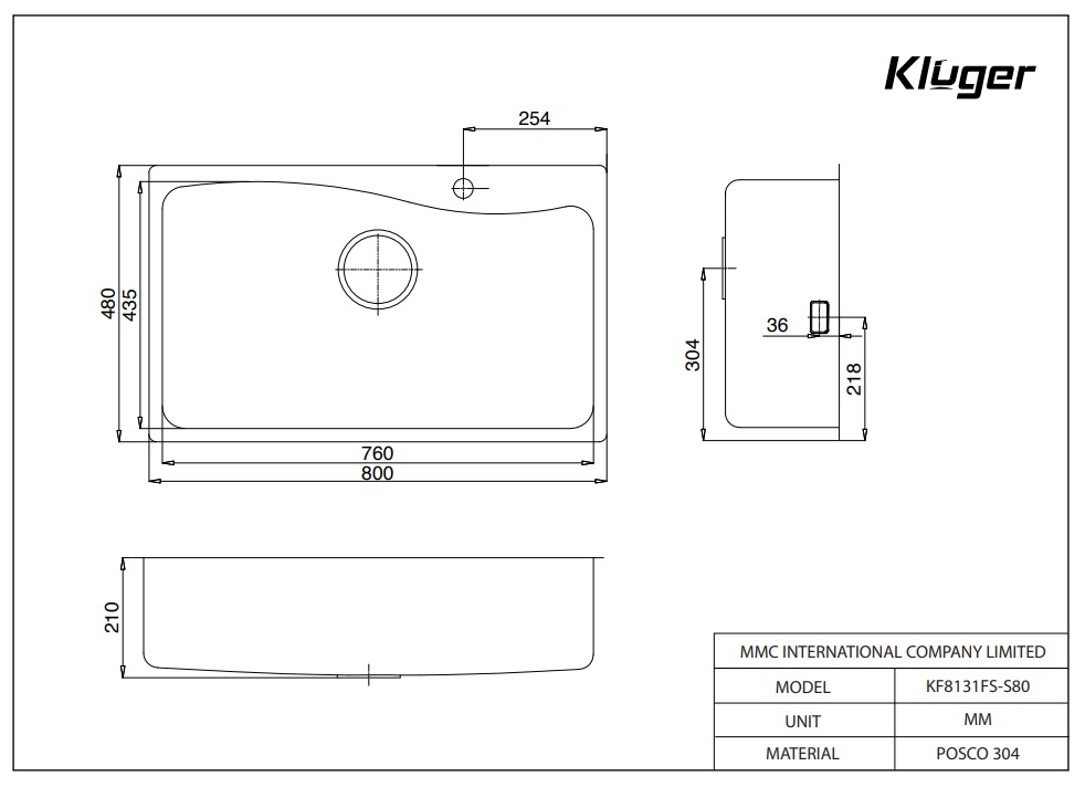 Bản vẽ kỹ thuật chậu rửa chén Posco 304 Linen chống xước KLUGER KW8131FS-S80