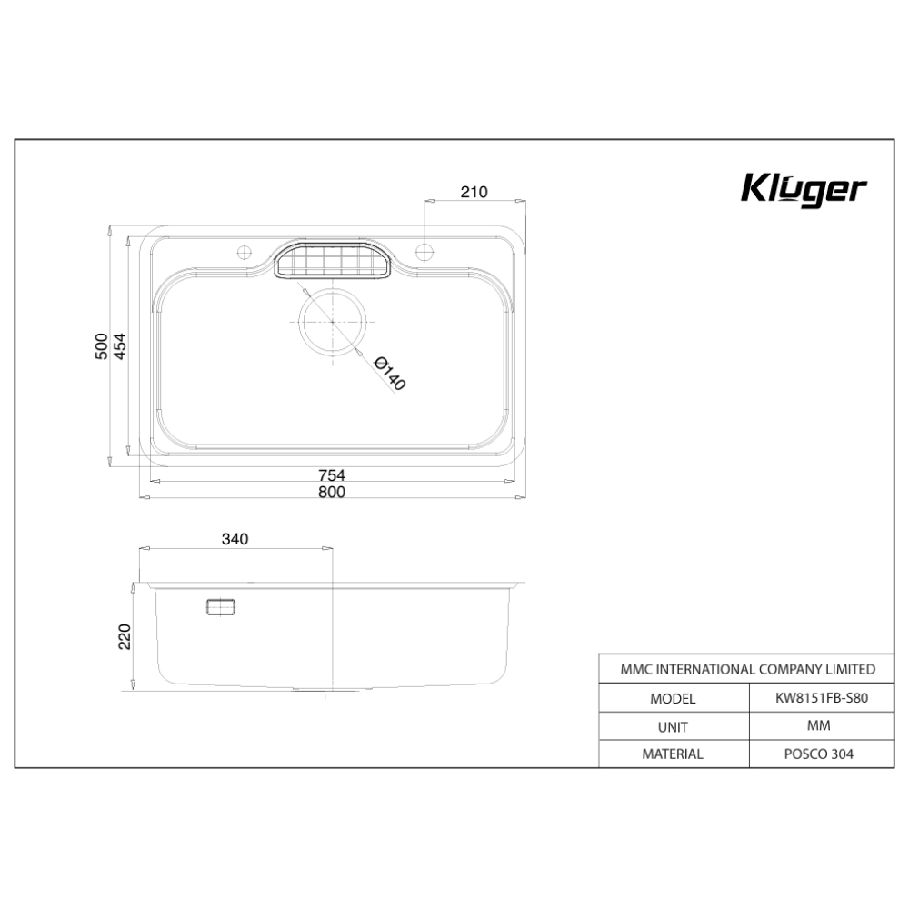 Chậu rửa chén Posco 304 Linen dập nổi KLUGER KW8151FB-S80 (K500 Series)