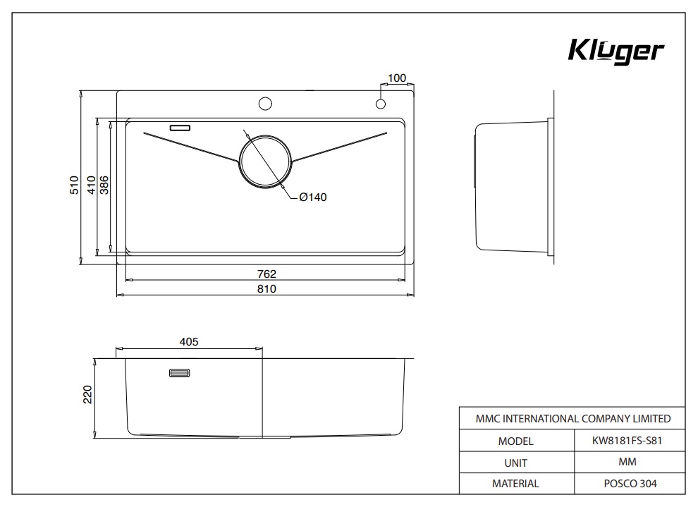Bản vẽ kỹ thuật chậu rửa chén Posco 304 Linen dập nổi KLUGER KW8181FS - S81