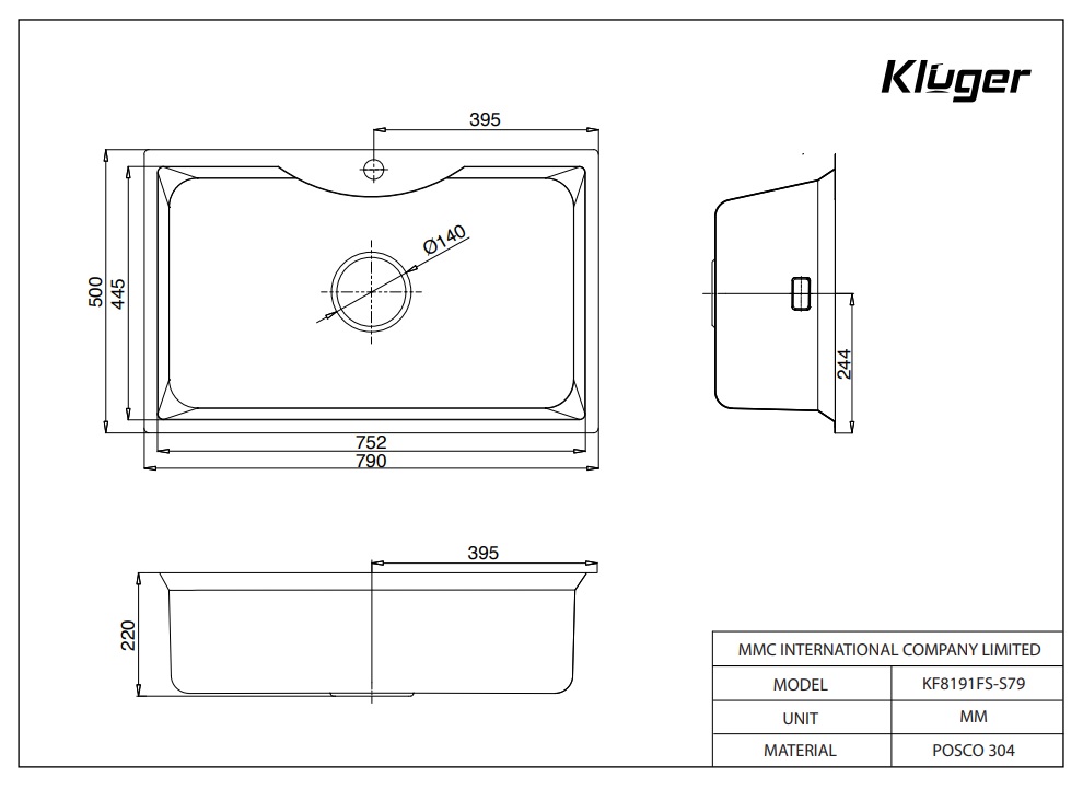 Bản vẽ kỹ thuật chậu rửa chén Posco 304 Linen dập nổi KLUGER KW8191FS - S79