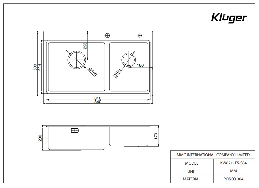 Chậu rửa chén Posco 304 đánh bóng bề mặt Kluger KW8211S - S84